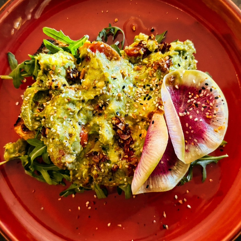 Avocado toast with everything bagel seasoning, arugula, and watermelon radish on a red plate.