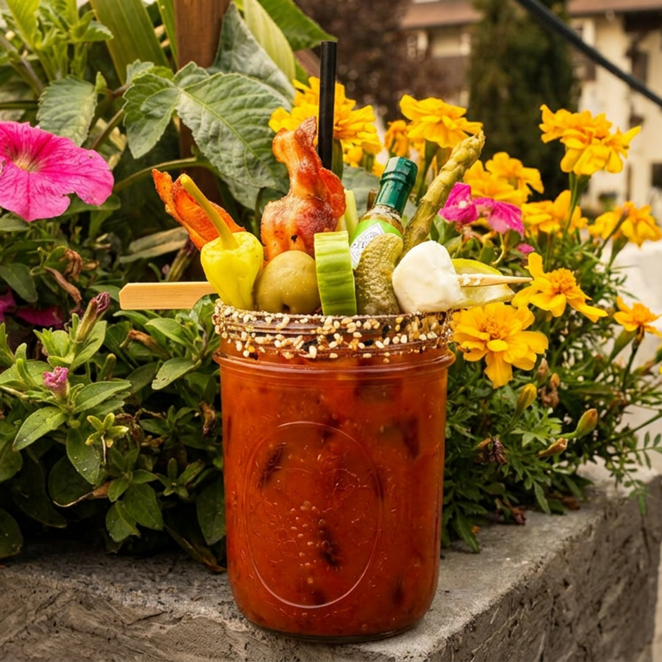Elaborately garnished Bloody Mary cocktail in a mason jar on a stone ledge surrounded by colorful flowers.