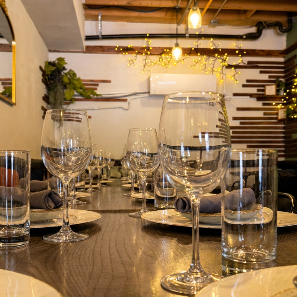 A long dining table set with plates, wine glasses, and water glasses in a restaurant.