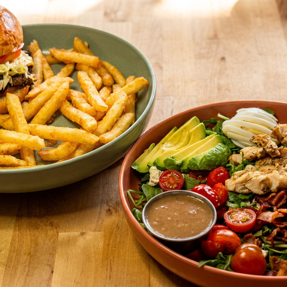 A double cheeseburger with fries and a chicken salad with avocado, bacon, and cherry tomatoes.