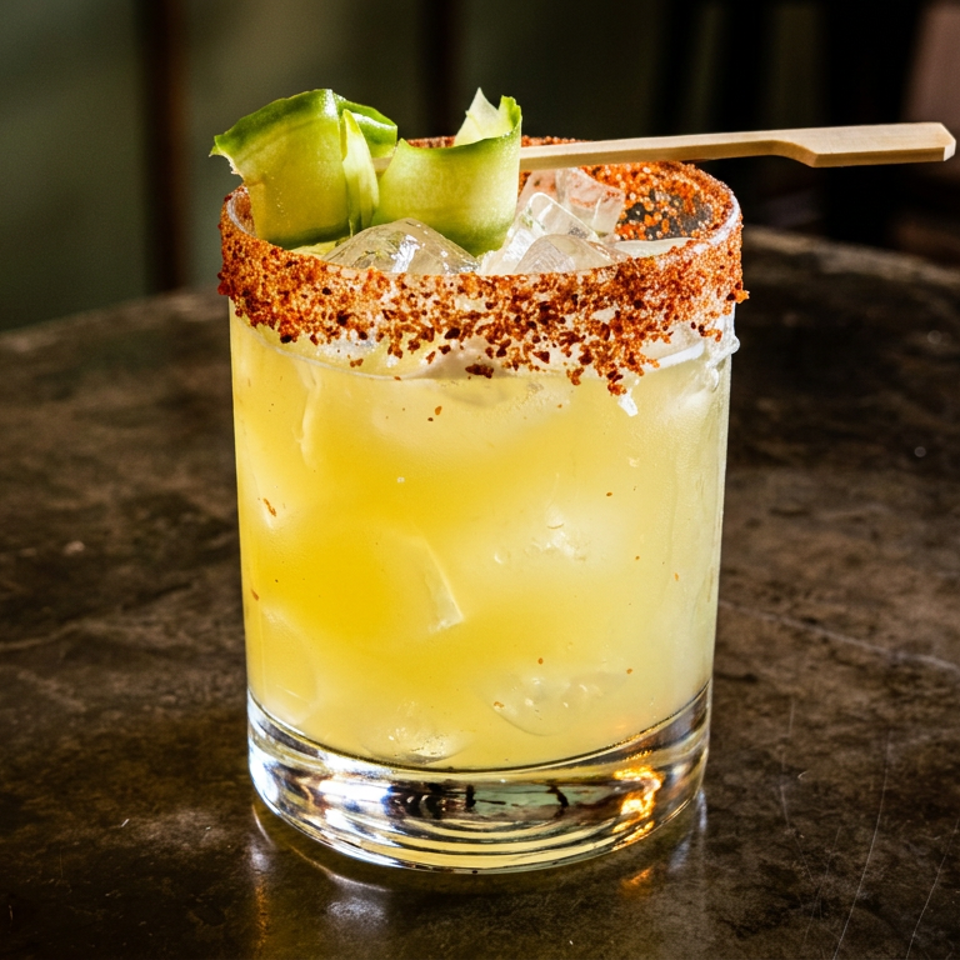 Vibrant yellow cocktail with ice, a chili-salt rim, cucumber garnish, and a wooden stirrer on a dark table.