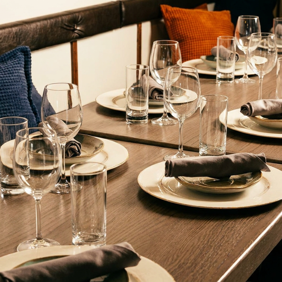 Restaurant dining table set with plates, glasses, and rolled napkins, with booth seating and pillows.