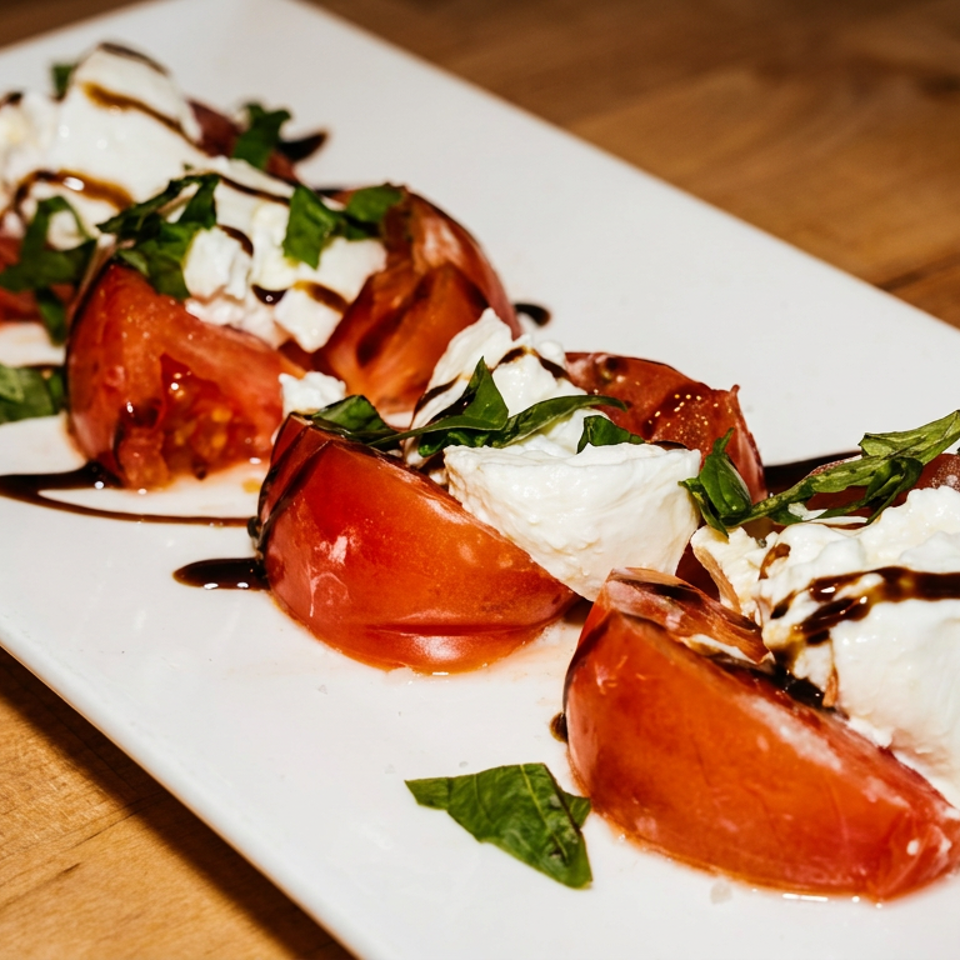 Caprese salad with sliced tomatoes, fresh mozzarella, basil, and balsamic glaze on a white plate.