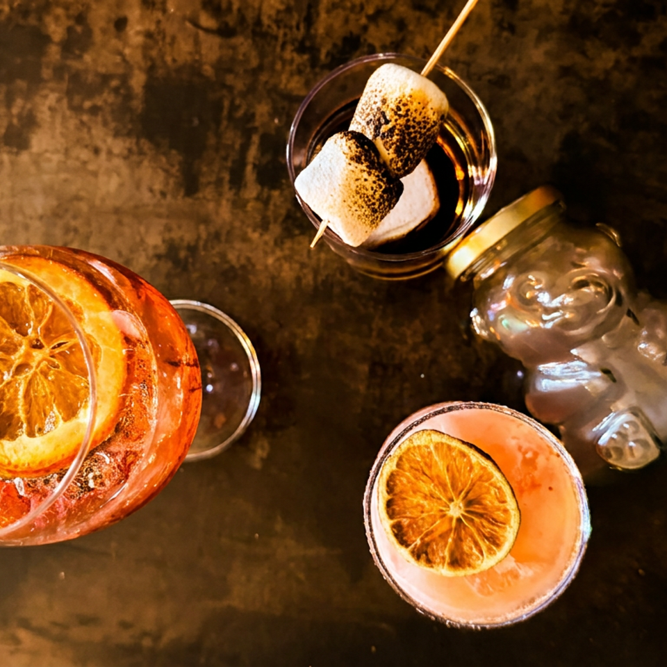 Assortment of cocktails, toasted marshmallows, and a honey bear bottle on a dark table.