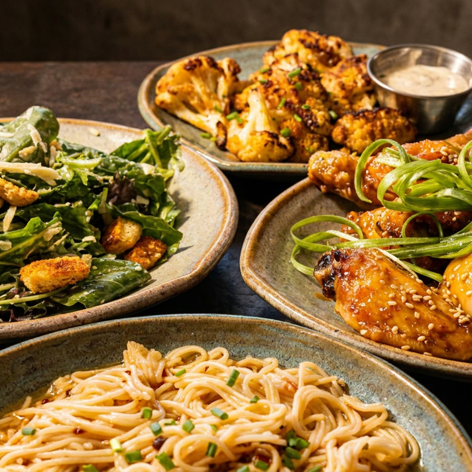 Four plates of food: a green salad, roasted cauliflower, chicken wings, and noodles, on a dark surface.