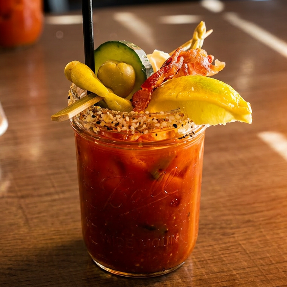 Bloody Mary cocktail in a mason jar, garnished with bacon, avocado, olives, cucumber, and lemon.